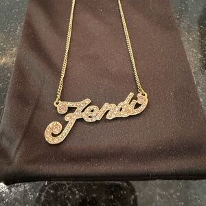 Fendi Gold Script Necklace with Crystal Details